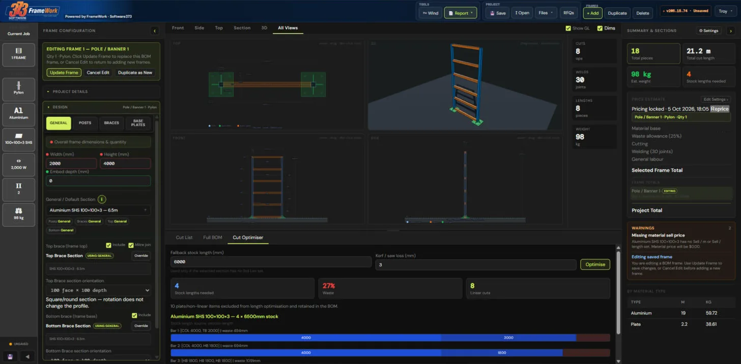 Cut optimiser showing stock lengths needed, waste percentage and bar layouts