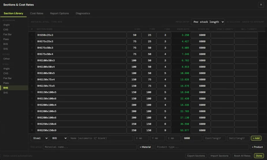 Section library grid with sizes, kg/m, stock length, cost and sell