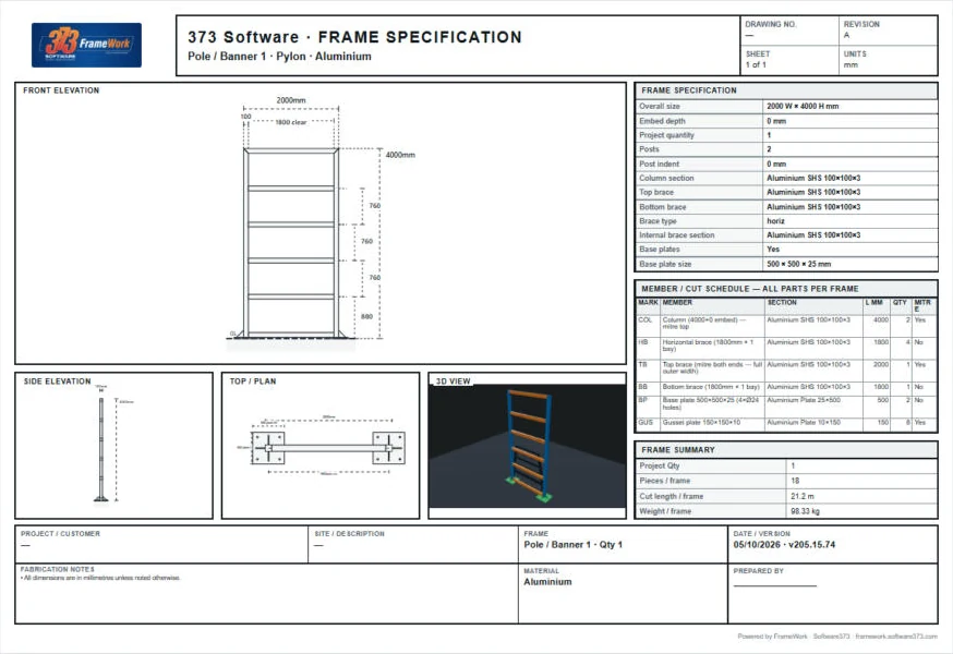 A4 frame specification sheet with views, specification, member schedule and summary